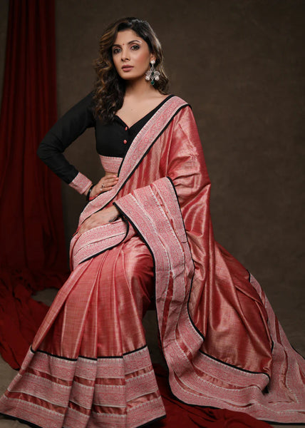 Peach Pink Handloom Silk Cotton Saree with Border