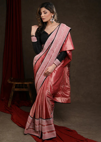 Peach Pink Handloom Silk Cotton Saree with Border