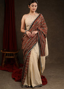 CREAM COTTON HALF & HALF SAREE WITH STRIP ZARI BORDER