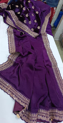 Purple CRAPE WITH SABYASACHI BORDER N VELVET BLOUSE