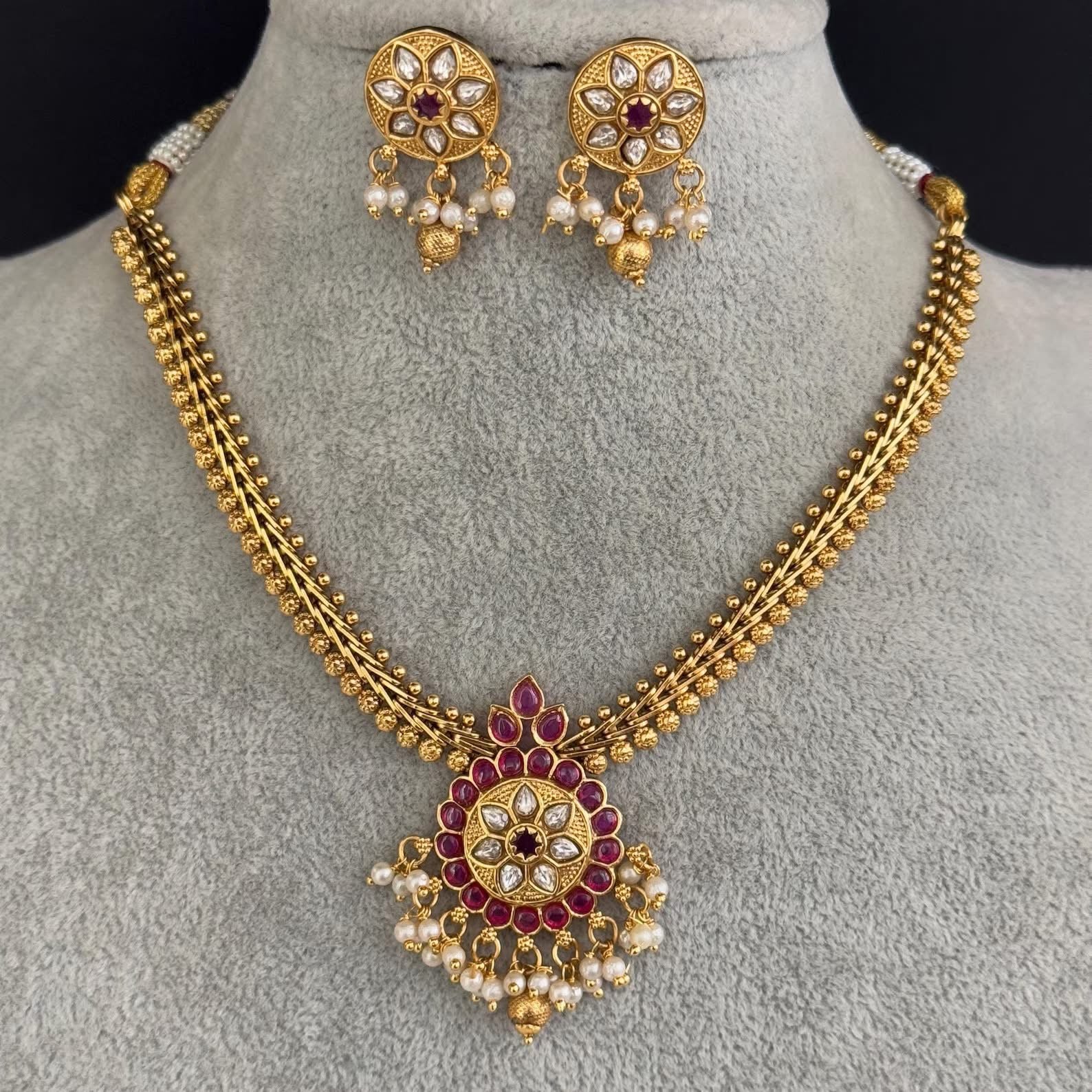 Ruby Antique Gold Temple Necklace Set