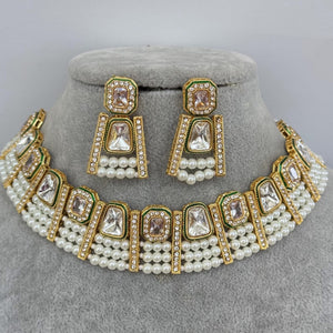 White Meenakari uncut kundan Cz Pearl Choker necklace set