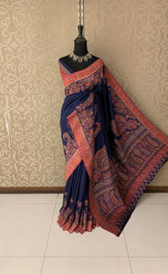 Navy Blue and Pink Jamawar Kashmiri Kani Saree