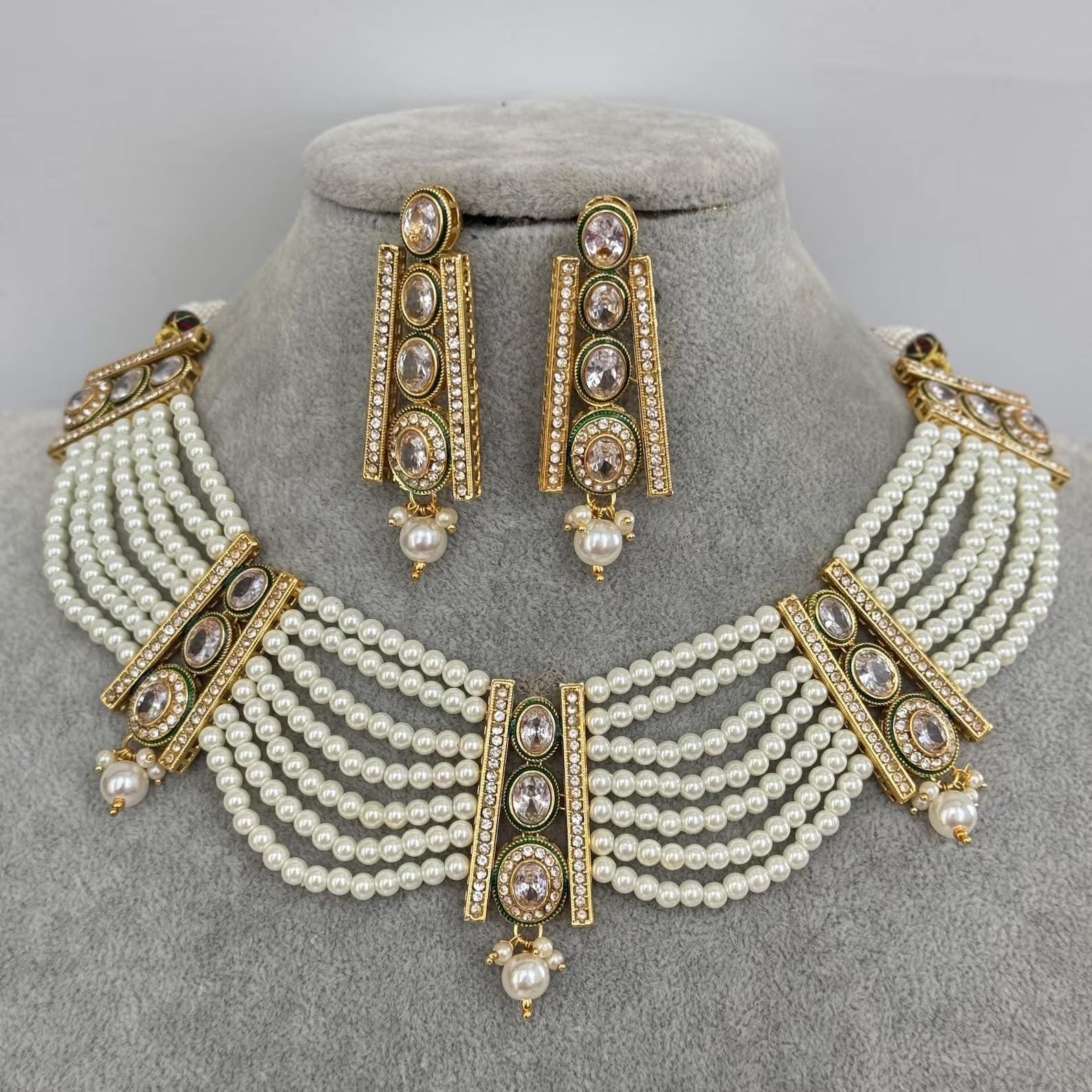 White Meenakari uncut kundan Cz Pearl Choker necklace set