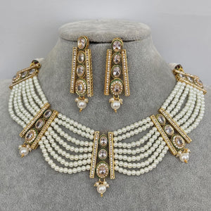 White Meenakari uncut kundan Cz Pearl Choker necklace set