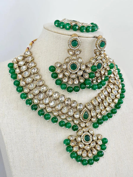 Green Kundan Necklace and Earring 3 Piece Set