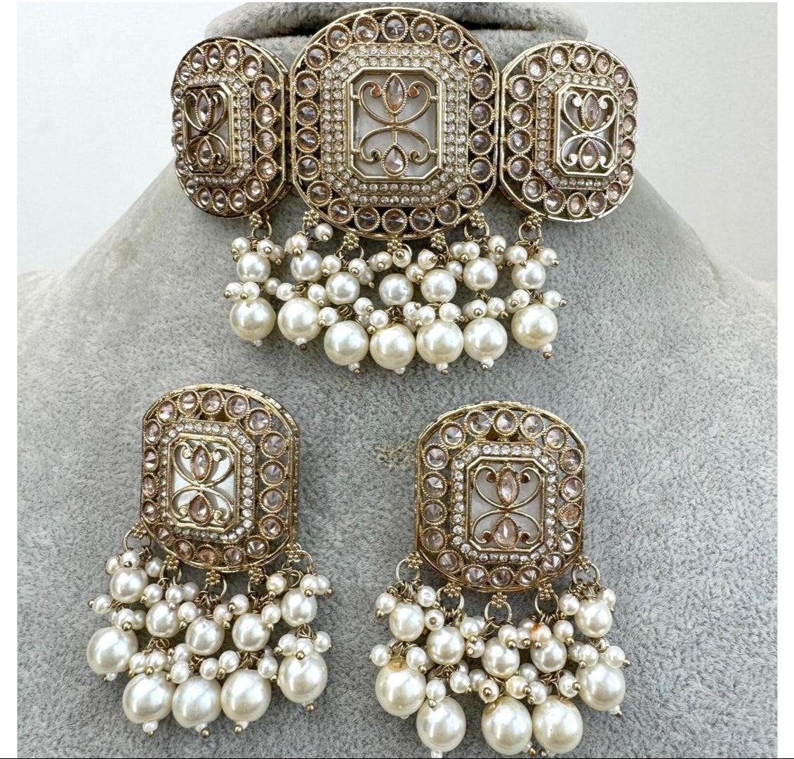 White Pearl Antique Polki Kundan Choker Necklace set,