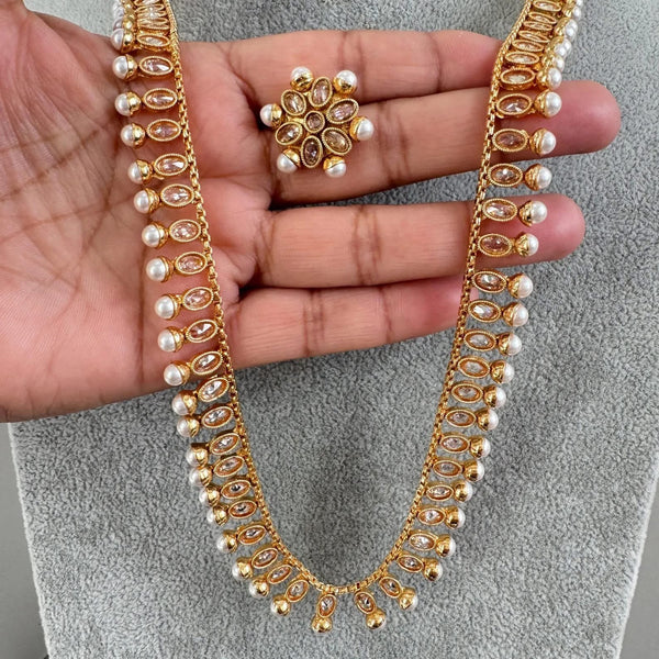 Long Gold Plated Polki Pearl Mala Necklace