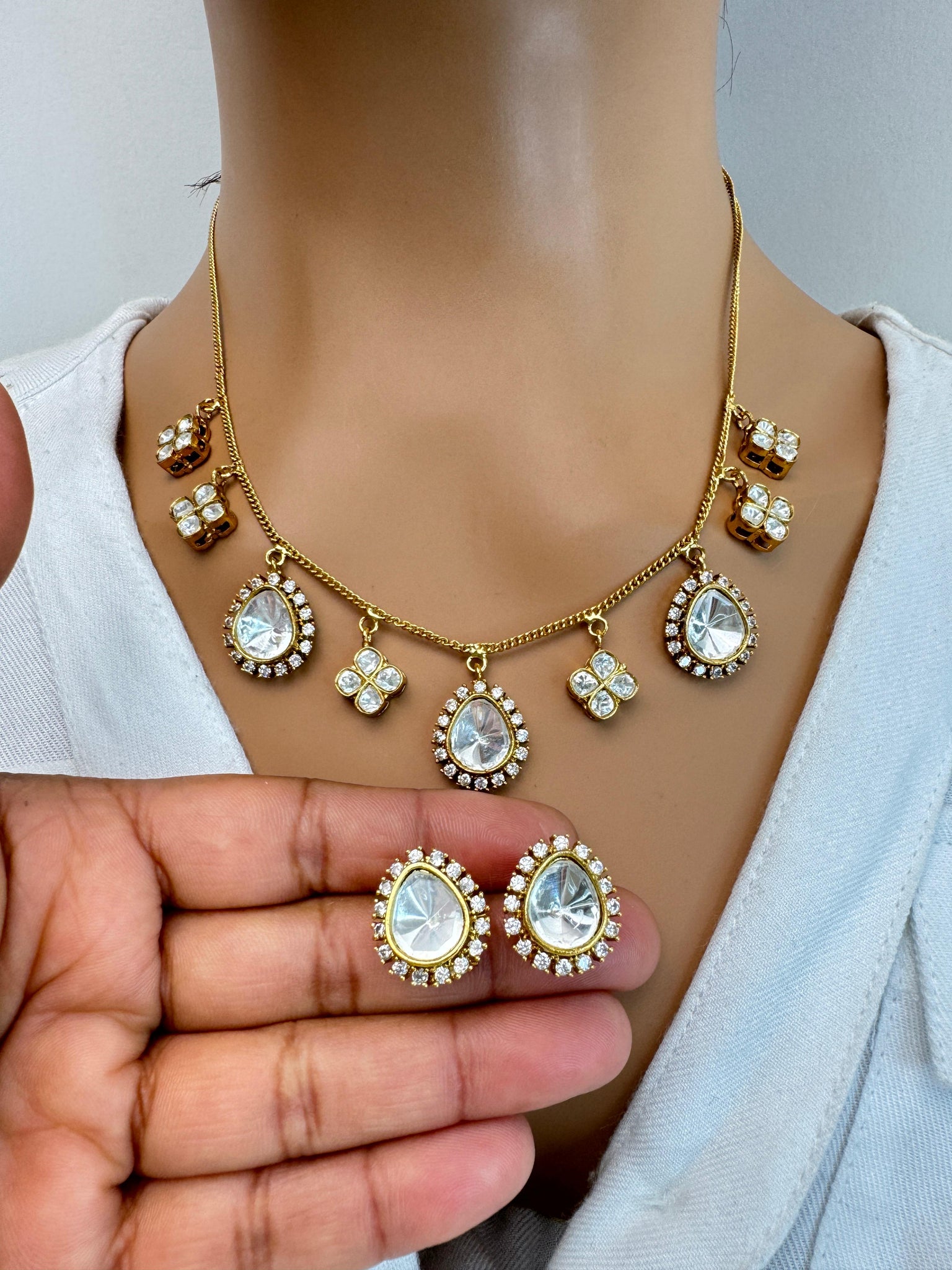 Moissanite Polki Kundan Chain Necklace Set With Gold Plating