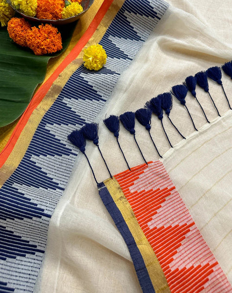 Off White Mulmul Cotton Saree With Golden Striped & Temple Border