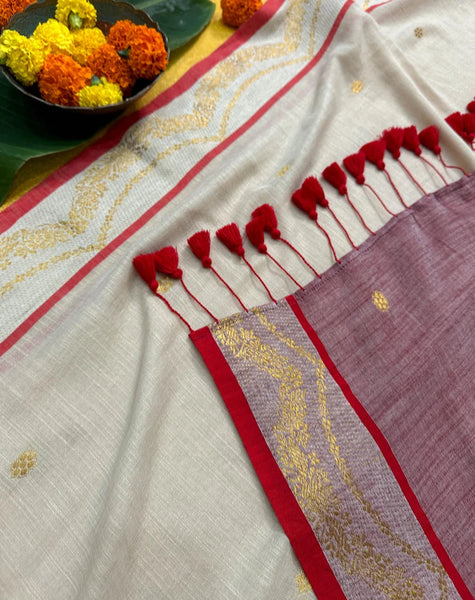 Off White Cotton Slub Saree With Jacquard Border & Tassels