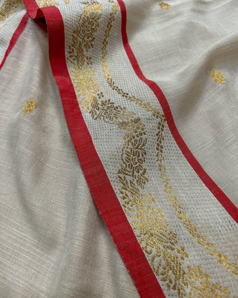 Off White Cotton Slub Saree With Jacquard Border & Tassels