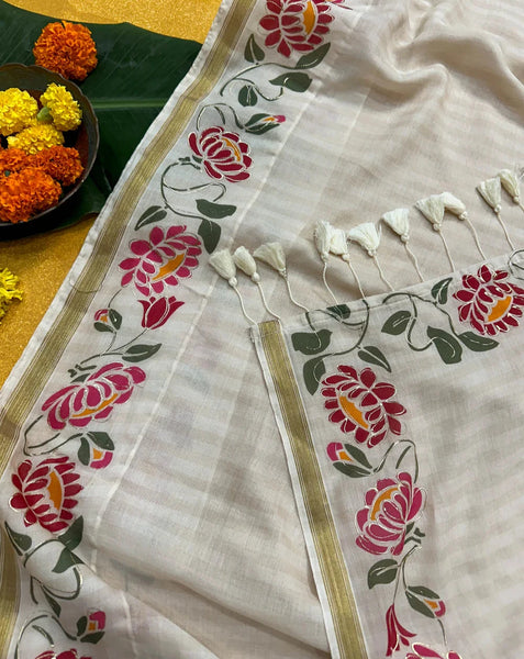 Off White And Gold Cotton Viscose Printed Saree With Floral Border