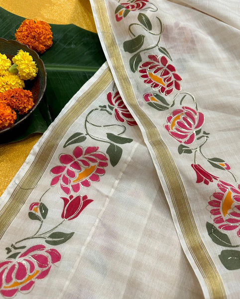 Off White And Gold Cotton Viscose Printed Saree With Floral Border