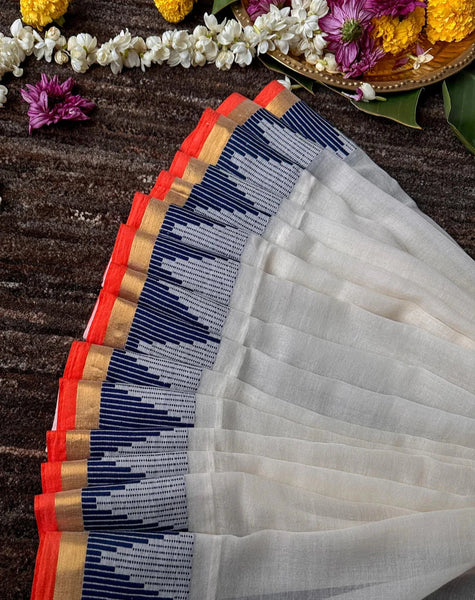 Off White Mulmul Cotton Saree With Golden Striped & Temple Border