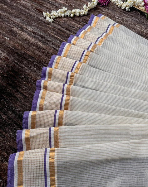 Off White Mulmul Cotton Zari Stripes Saree With Tassels