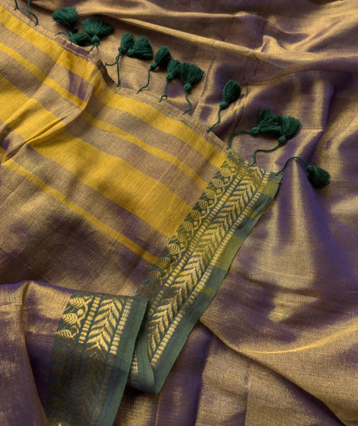 Dual-colored Antique Gold Saree In Tissue Cotton