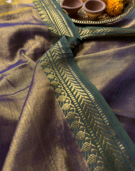 Dual-colored Antique Gold Saree In Tissue Cotton