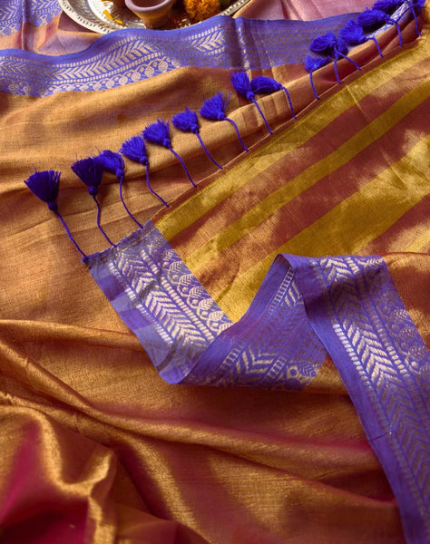 Captivating Dual-colored Copper Tissue Cotton Saree