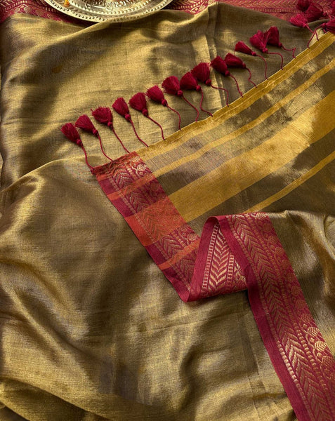 Dual-colored Gold Tissue Cotton Saree With Red Jacquard Border