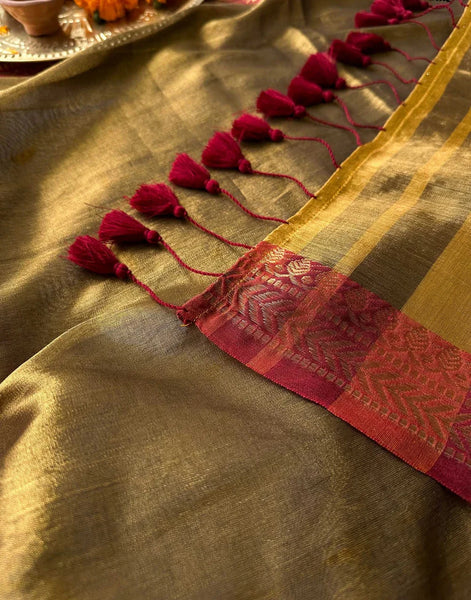 Dual-colored Gold Tissue Cotton Saree With Red Jacquard Border