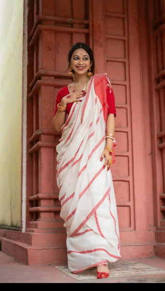 Red White Cotton Handloom Saree