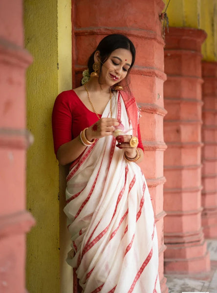 Red White Cotton Handloom Saree