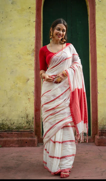 Red White Cotton Handloom Saree