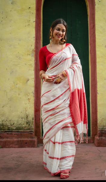 Red White Cotton Handloom Saree