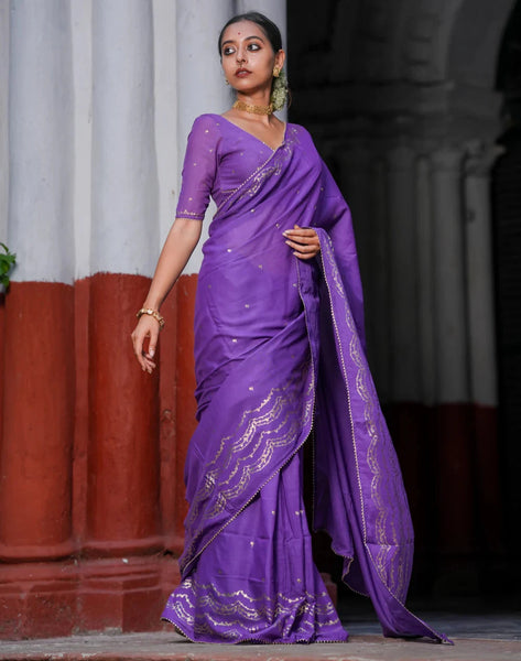 Light Weight Purple Cotton Viscose Saree