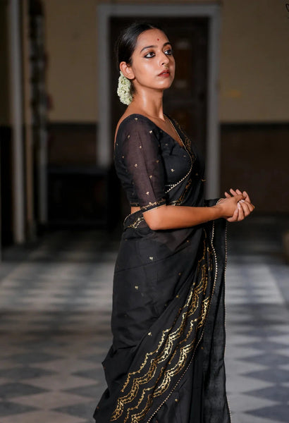 Light Weight Black Cotton Viscose Saree