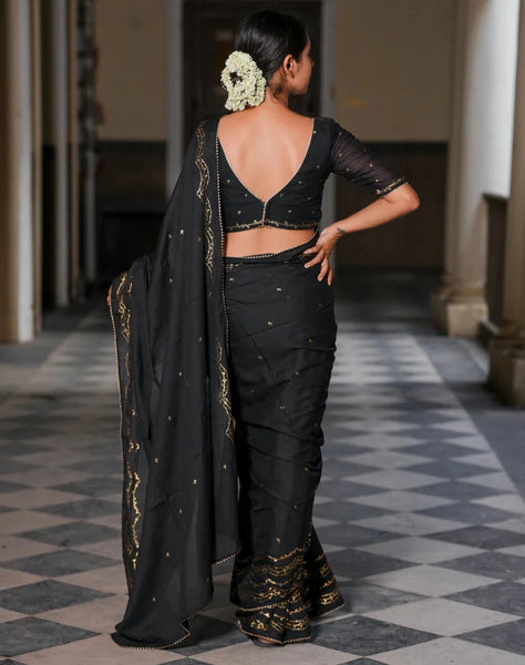 Light Weight Black Cotton Viscose Saree