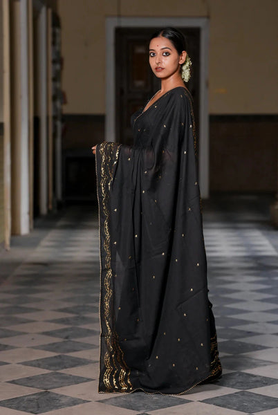 Light Weight Black Cotton Viscose Saree