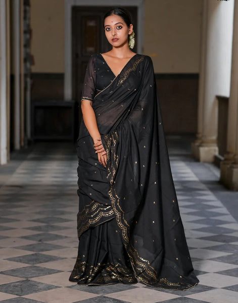 Light Weight Black Cotton Viscose Saree