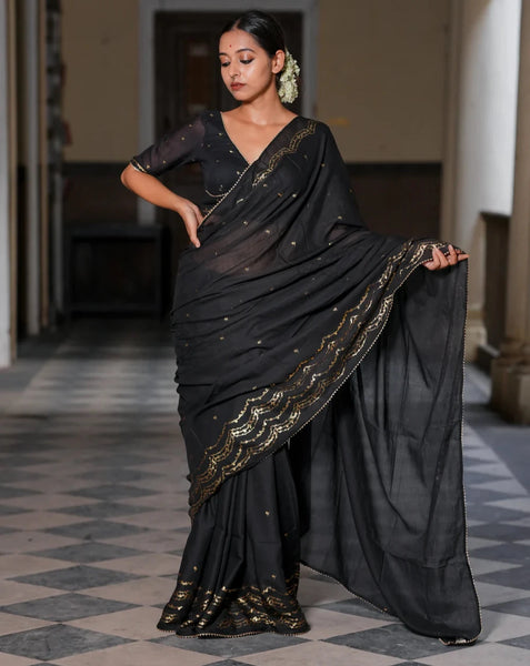 Light Weight Black Cotton Viscose Saree