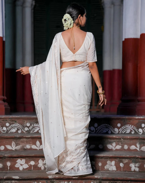 Light Weight White Cotton Viscose Saree