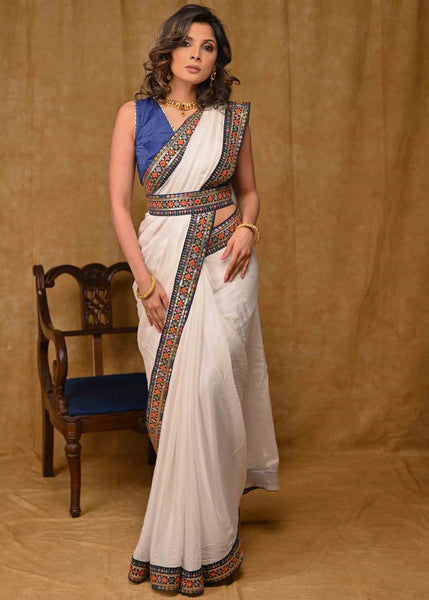 White Chinnon Saree with Blue Delicate Border