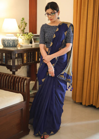 ROYAL BLUE & CREAM COMBINATION COTTON SAREE WITH IKAT BORDER