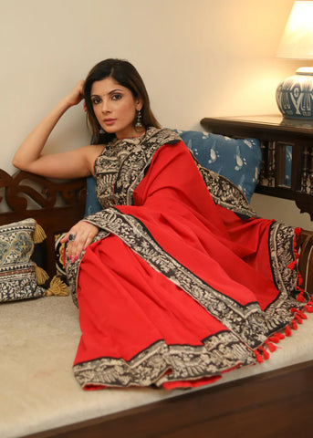 RED COTTON SAREE WITH BLACK KALAMKARI PRINT BORDER