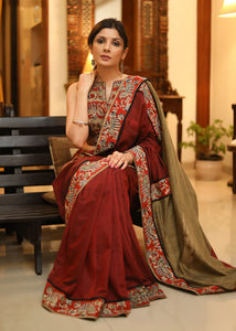 MAROON & CREAM COTTON SAREE WITH KALAMKARI BORDER