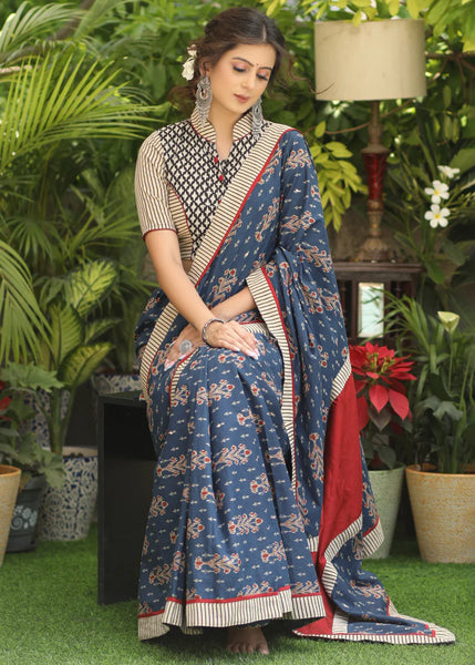 PRINTED BLUE COTTON SAREE WITH LINK AJRAKH BORDER