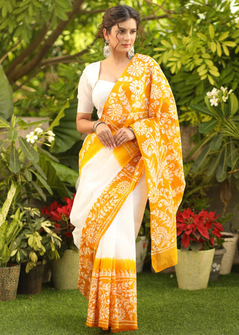 WHITE & YELLOW COMBINATION MUL COTTON BATIK SAREE