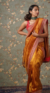 Fiery Gold Zari Tissue Saree with Red Border