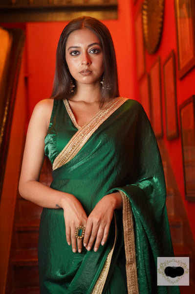 Dark Green Shimmer Satin Cocktail Saree