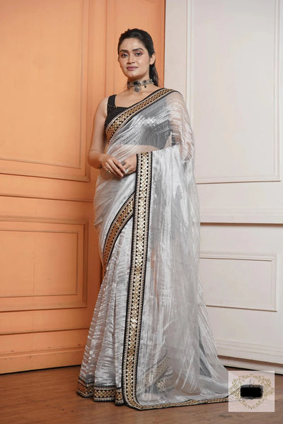 Silver Zari Tissue Saree with Black Border