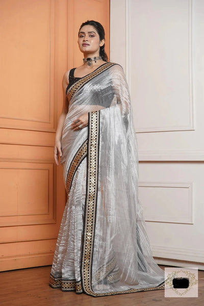 Silver Zari Tissue Saree with Black Border