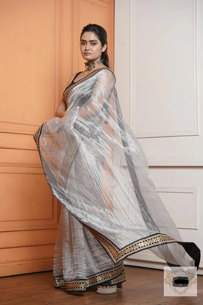 Silver Zari Tissue Saree with Black Border