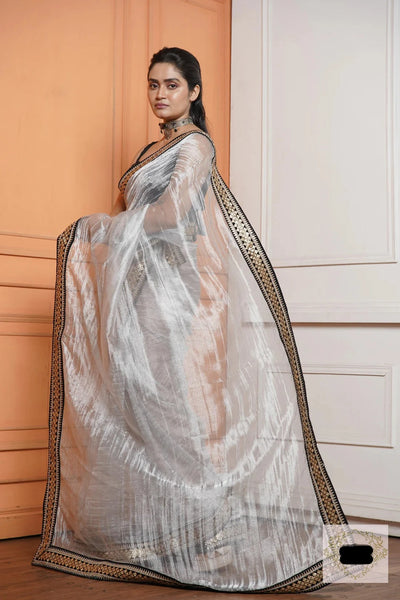 Silver Zari Tissue Saree with Black Border