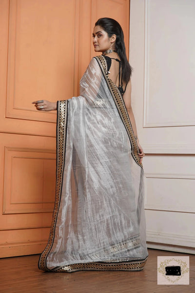 Silver Zari Tissue Saree with Black Border