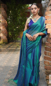 Peacock Blue with Golden Undertone Tissue Silk Saree